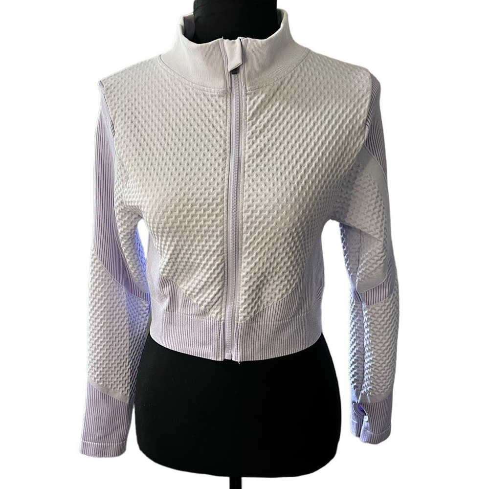 Daisy Lavender Cropped Athletic Jacket Womens L Zip Front Thumbhole Activewear - Picture 2 of 9